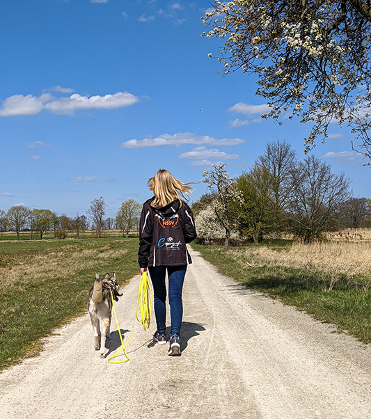 Ellie und ich gehen zusammen über einen sandigen Weg. Auf meiner Jacke ist mein Logo zu sehen.