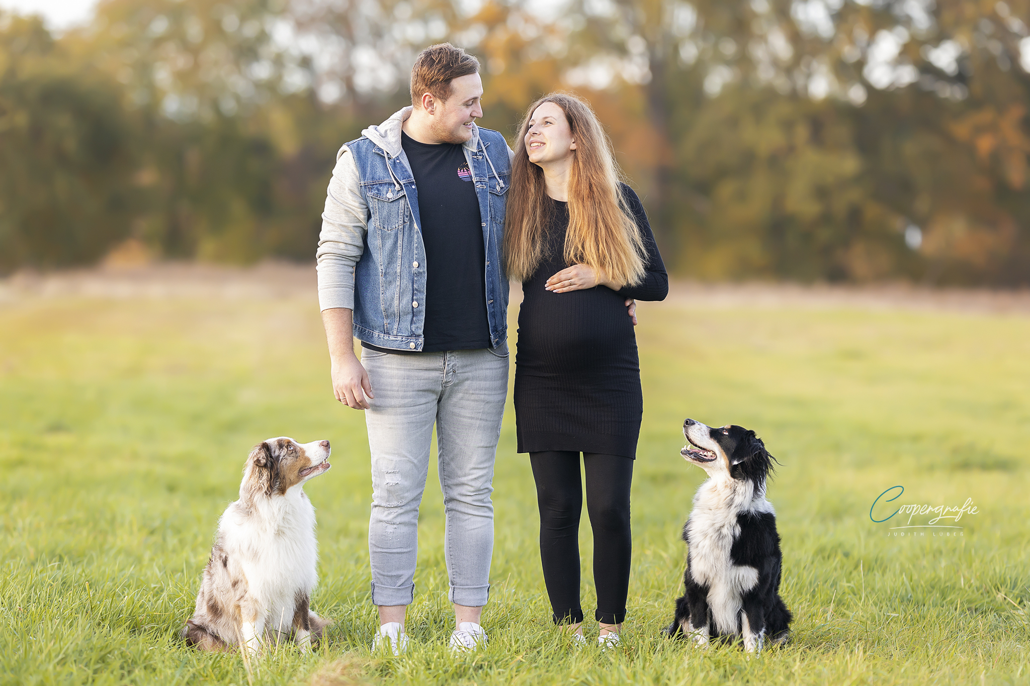 Verliebte Blicke von den Hunden zu Herrchen und Frauchen beim Schwangerschaftsfotoshooting in Leiferde bei Gifhorn